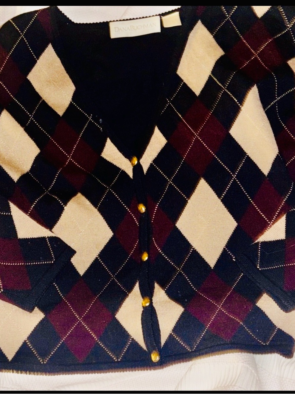 Dana Buchman Women's Argyle Cardigan - navy and burgundy